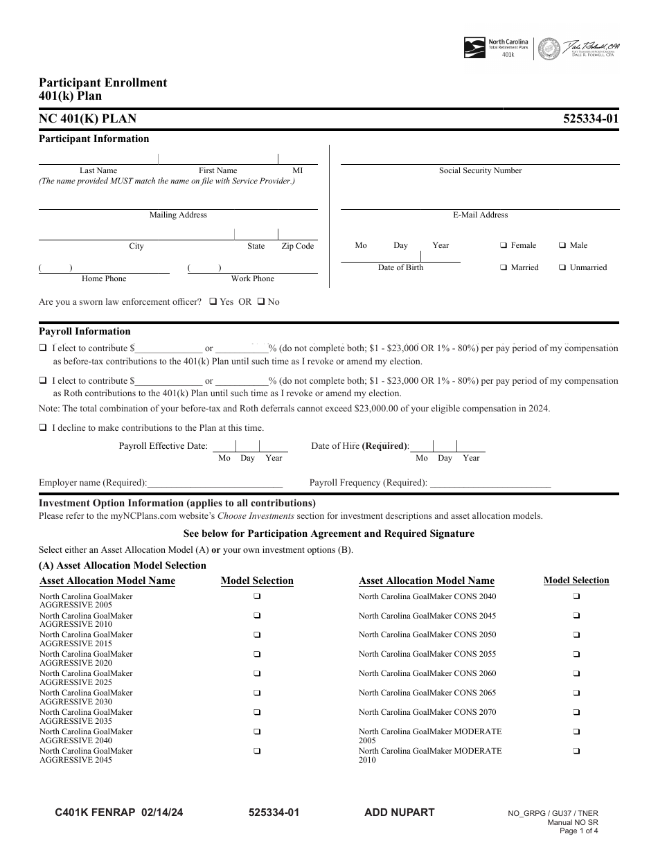 Participant Enrollment - 401(K) Plan - North Carolina, Page 1