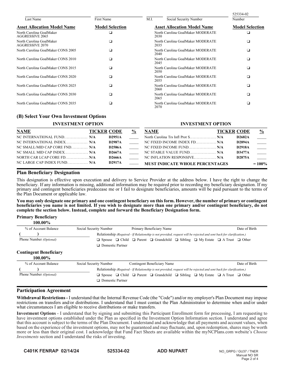 Participant Enrollment - Governmental 457(B) Plan - North Carolina, Page 2