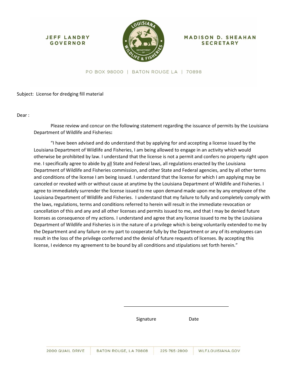 Dredge Fill Material License Consent Form - Louisiana, Page 1