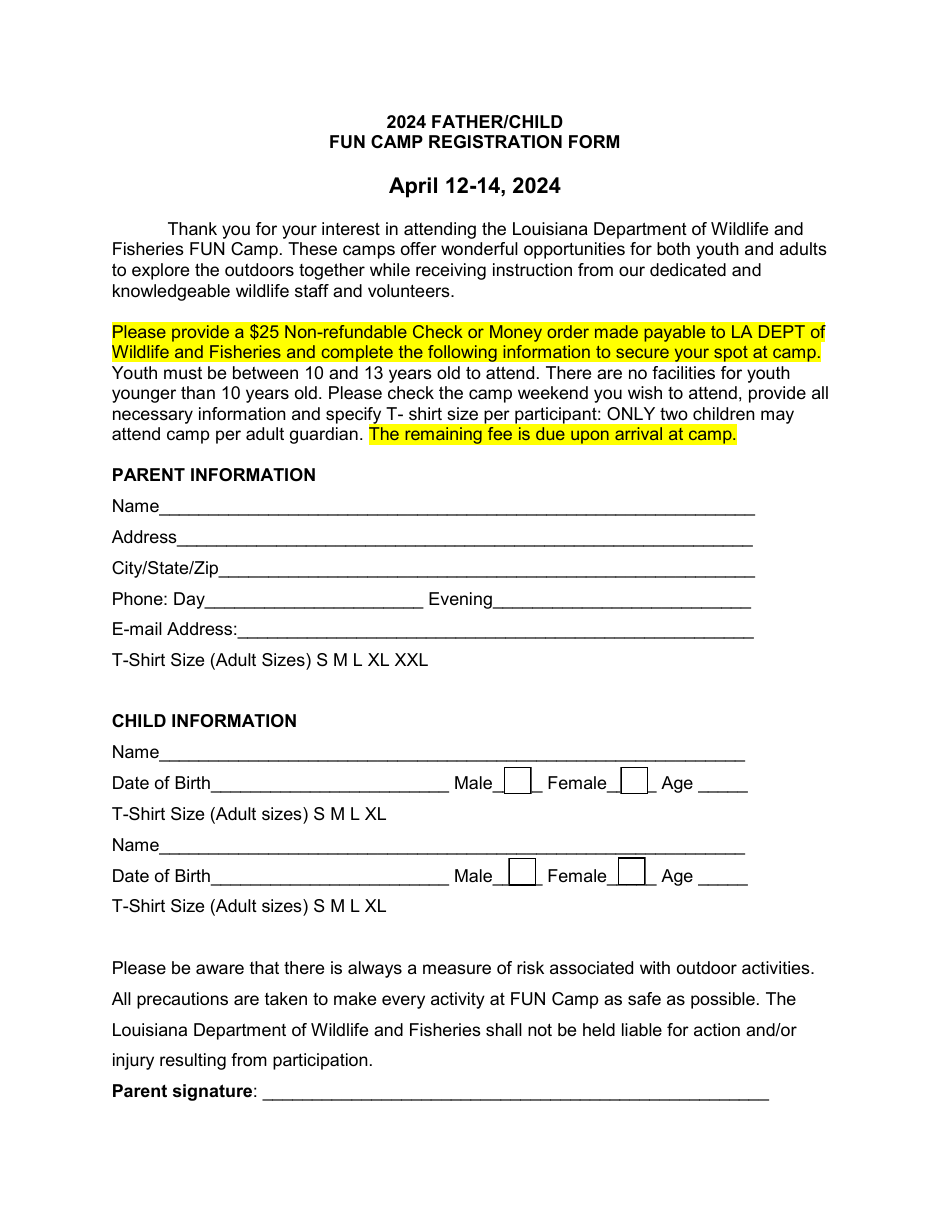 Father / Child Fun Camp Registration Form - Louisiana, Page 1