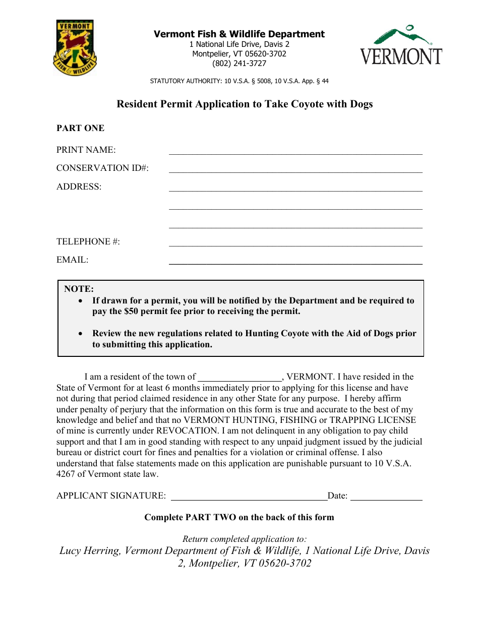 Resident Permit Application to Take Coyote With Dogs - Vermont, Page 1