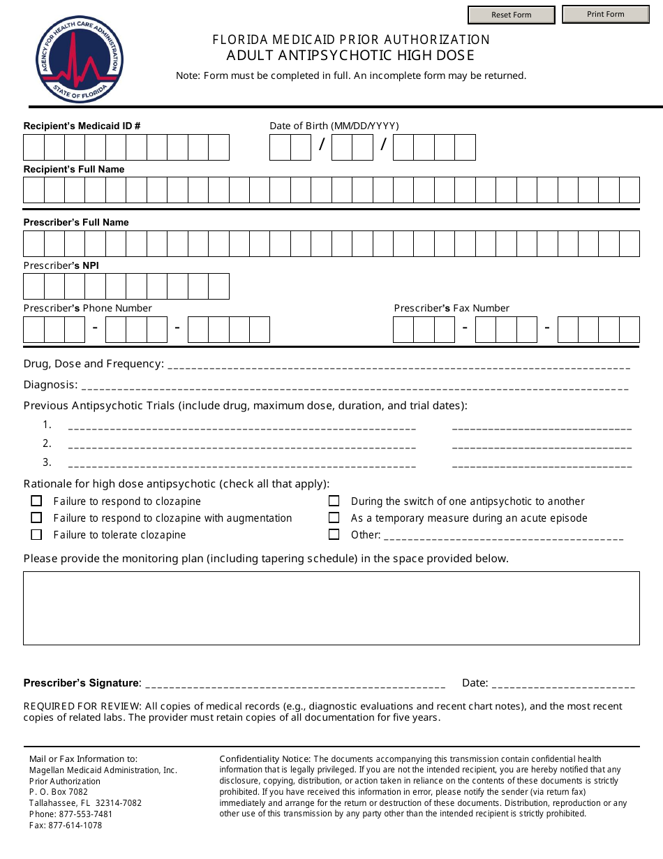 Florida Florida Medicaid Prior Authorization Adult Antipsychotic High Dose Fill Out Sign 4004