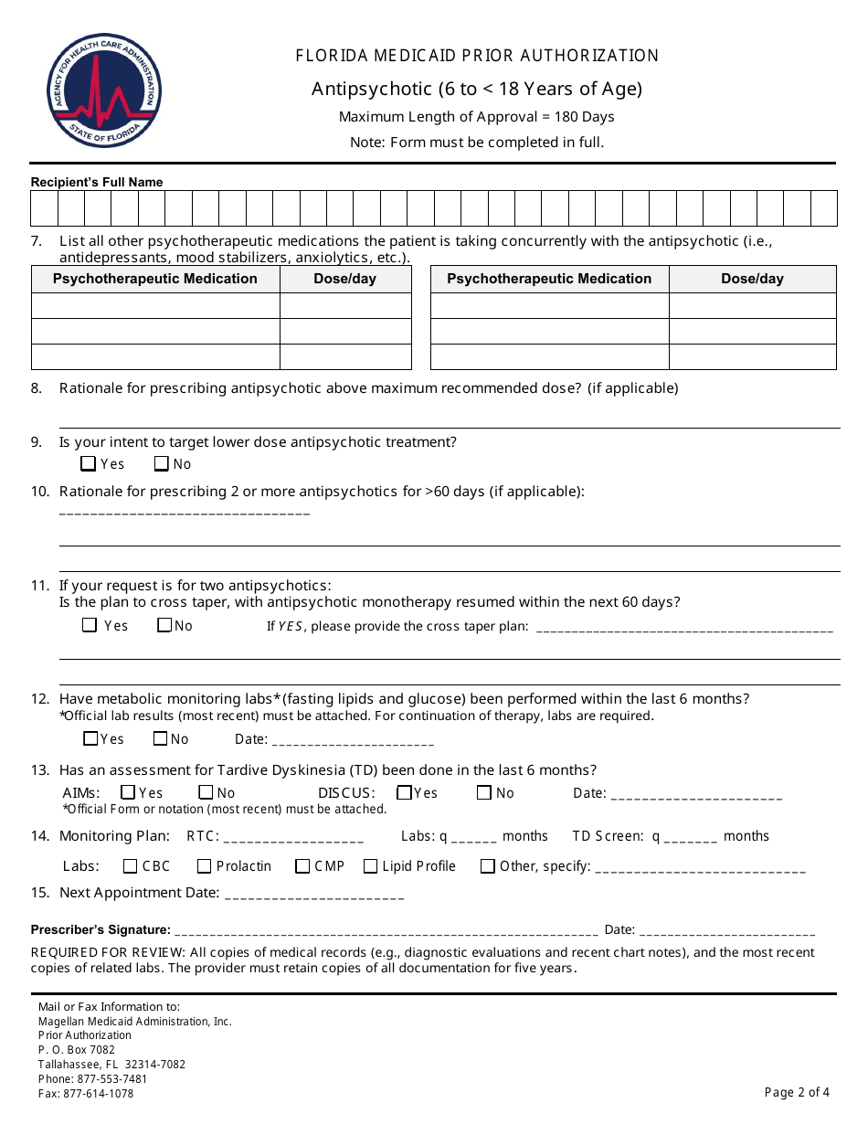 Florida Florida Medicaid Prior Authorization Antipsychotic 6 To 18 Years Of Age Fill Out 9318