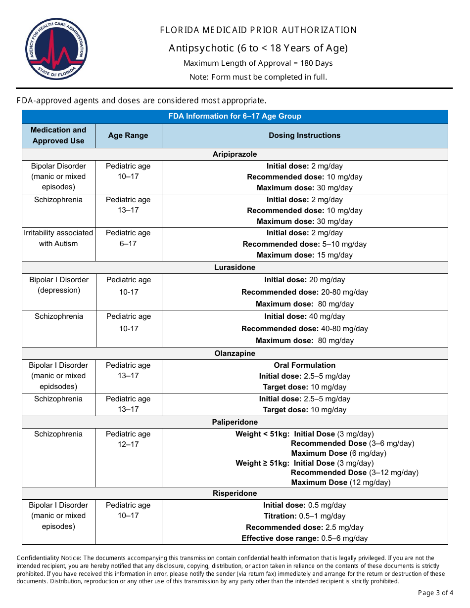 Florida Medicaid Prior Authorization - Antipsychotic (6 to 18 Years of Age) - Florida, Page 3