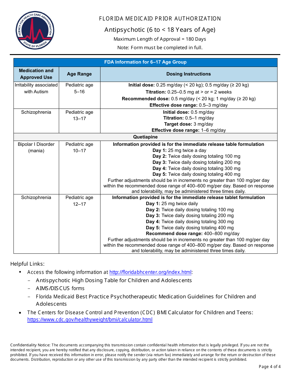 Florida Medicaid Prior Authorization - Antipsychotic (6 to 18 Years of Age) - Florida, Page 4