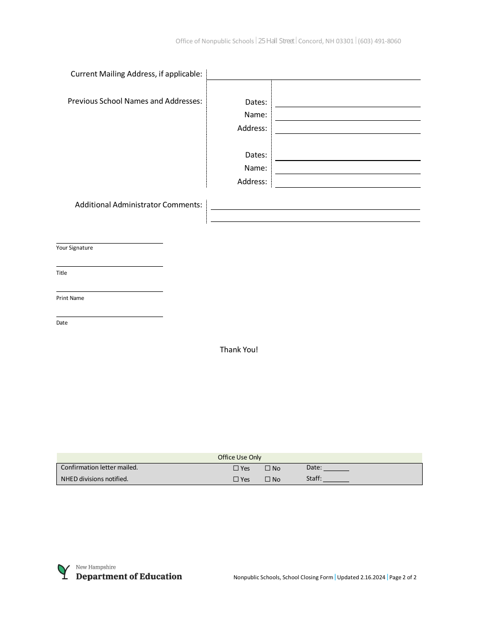School Closing Form for Nonpublic Schools - New Hampshire, Page 2