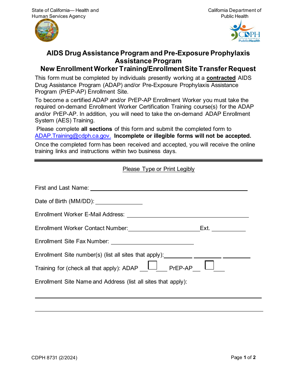 Form CDPH8731 New Enrollment Worker Training / Enrollment Site Transfer Request - AIDS Drug Assistance Program and Pre-exposure Prophylaxis Assistance Program - California, Page 1
