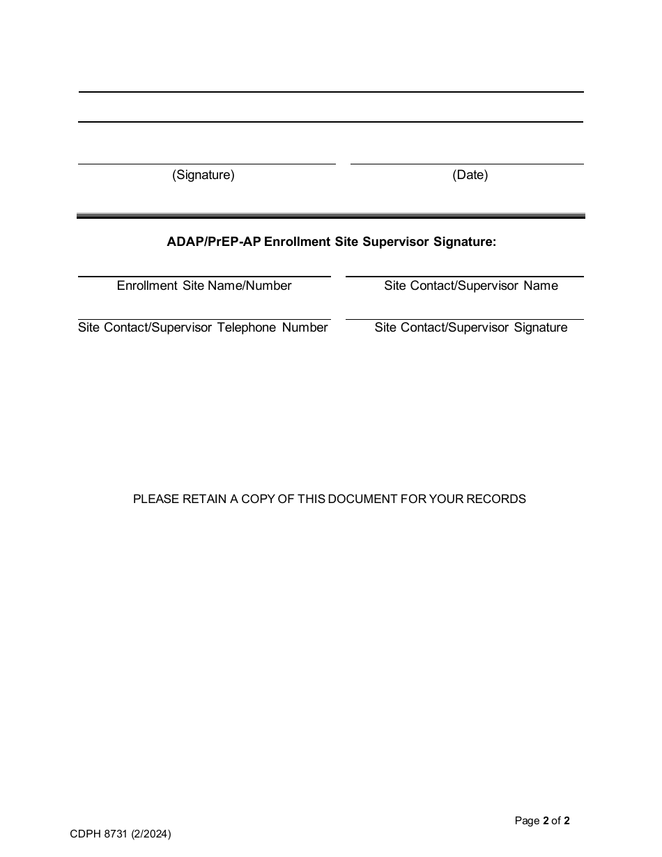 Form CDPH8731 New Enrollment Worker Training / Enrollment Site Transfer Request - AIDS Drug Assistance Program and Pre-exposure Prophylaxis Assistance Program - California, Page 2
