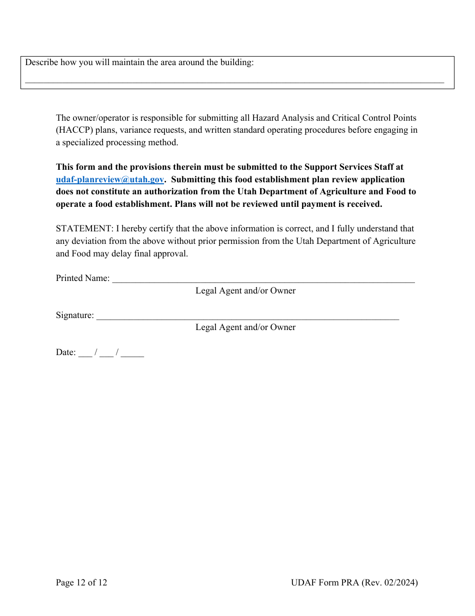 UDAF Form PRA Retail Food Establishment Plan Review Application - Utah, Page 12
