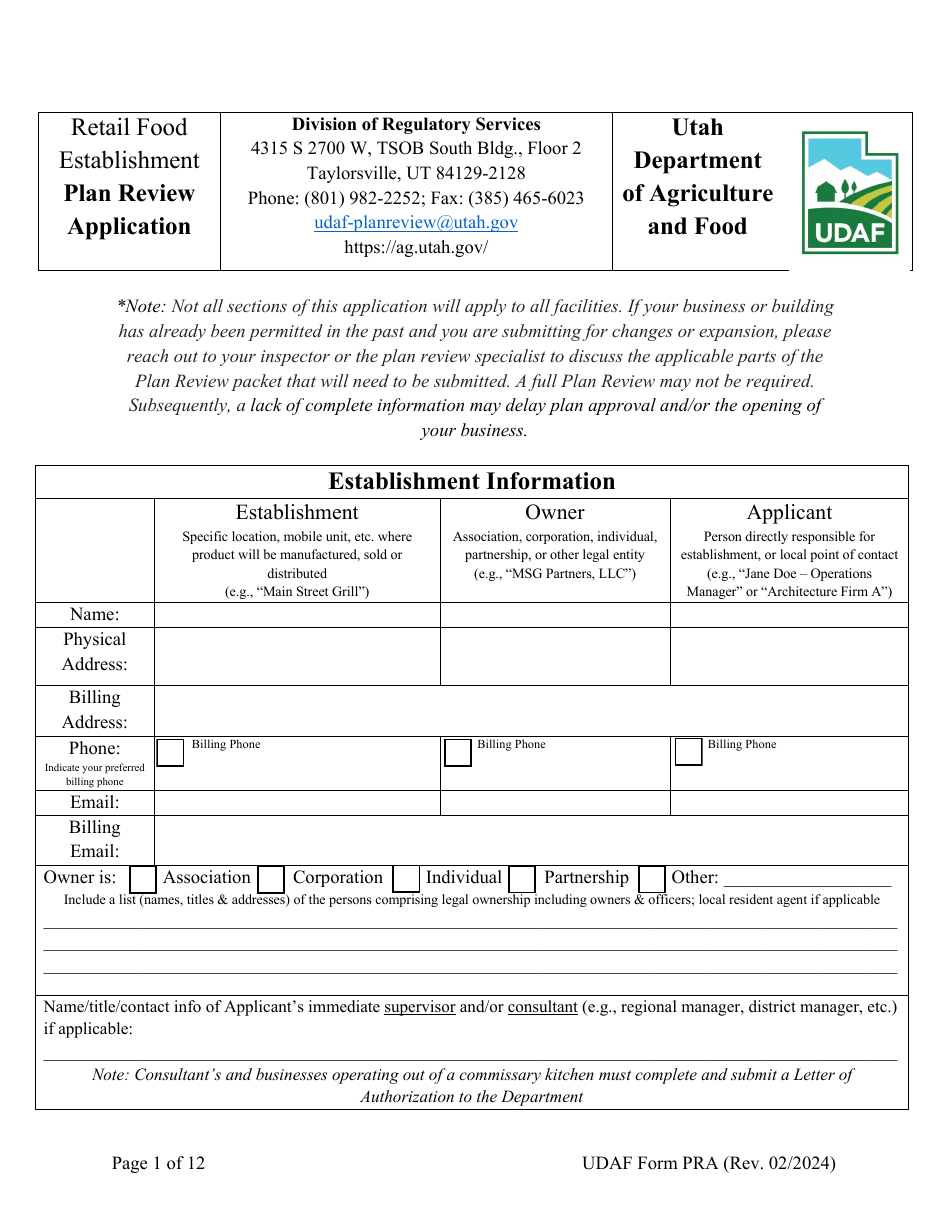UDAF Form PRA Retail Food Establishment Plan Review Application - Utah, Page 1