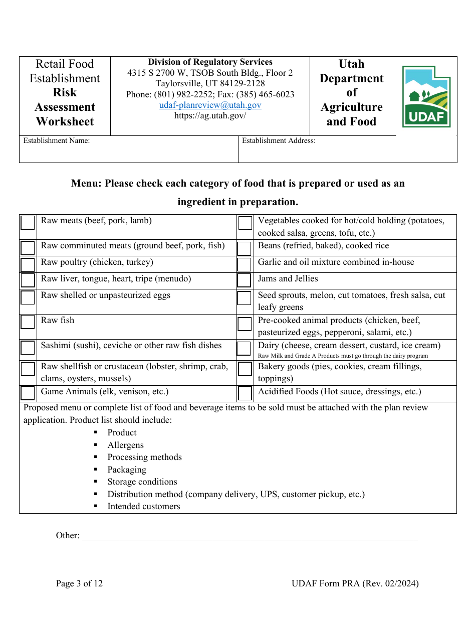 UDAF Form PRA Retail Food Establishment Plan Review Application - Utah, Page 3
