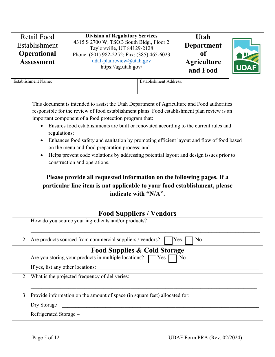 UDAF Form PRA Retail Food Establishment Plan Review Application - Utah, Page 5
