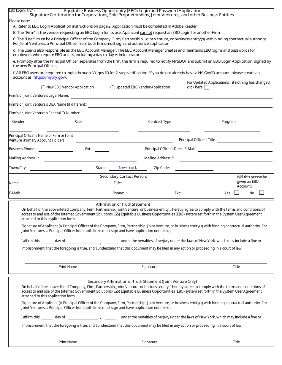 Equitable Business Opportunity (Ebo) Login and Password Application - New York, Page 1