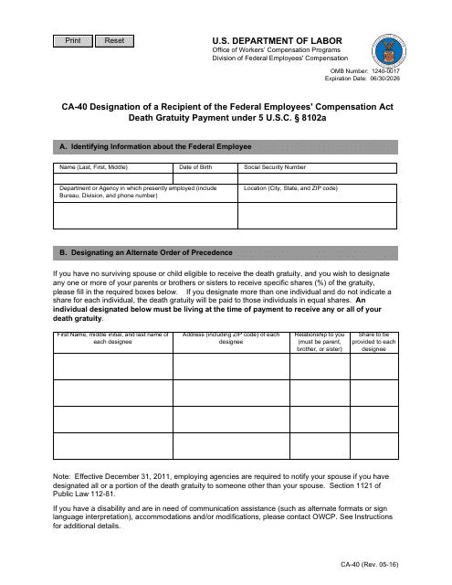 Form CA-40 Designation of a Recipient of the Federal Employees' Compensation Act Death Gratuity Payment Under 5 U.s.c. 8102a