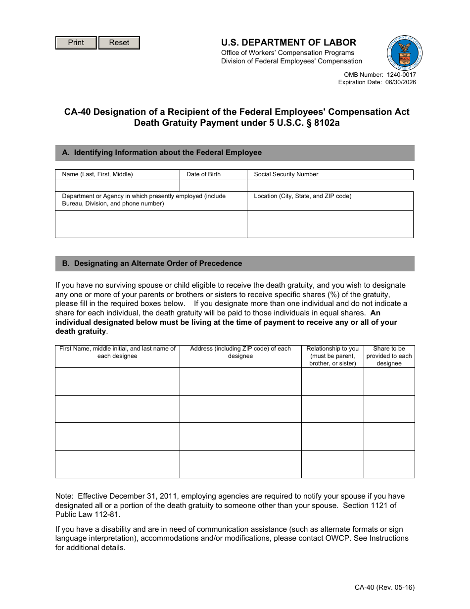 Form CA-40 Designation of a Recipient of the Federal Employees Compensation Act Death Gratuity Payment Under 5 U.s.c. 8102a, Page 1