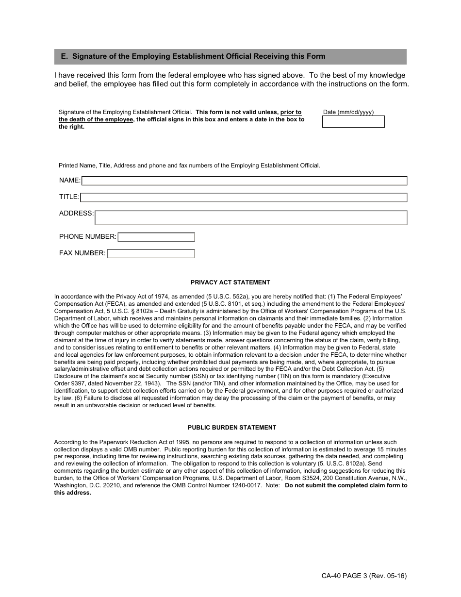 Form CA-40 Designation of a Recipient of the Federal Employees Compensation Act Death Gratuity Payment Under 5 U.s.c. 8102a, Page 3