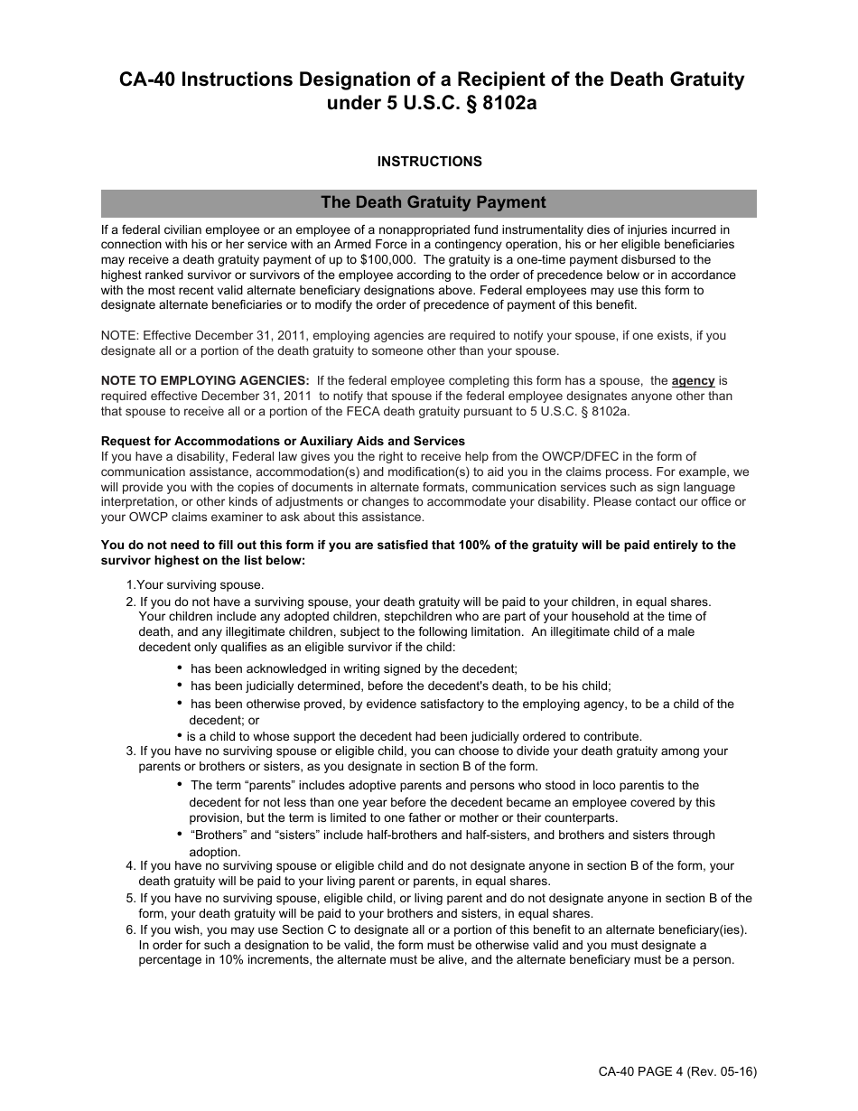 Form CA-40 Designation of a Recipient of the Federal Employees Compensation Act Death Gratuity Payment Under 5 U.s.c. 8102a, Page 4