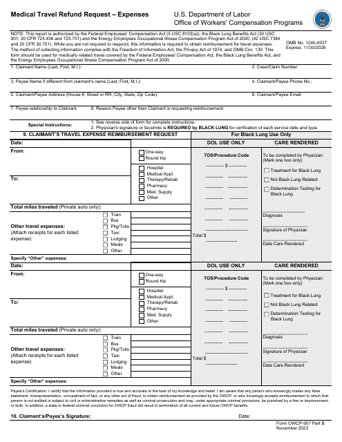 Form OWCP-957 Part B Medical Travel Refund Request - Expenses