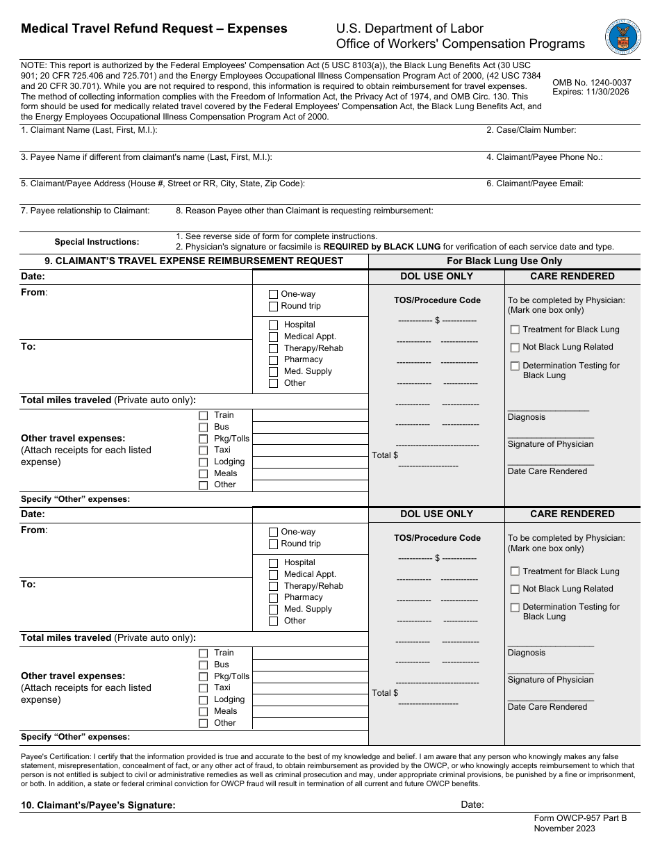 Form OWCP-957 Part B Medical Travel Refund Request - Expenses, Page 1