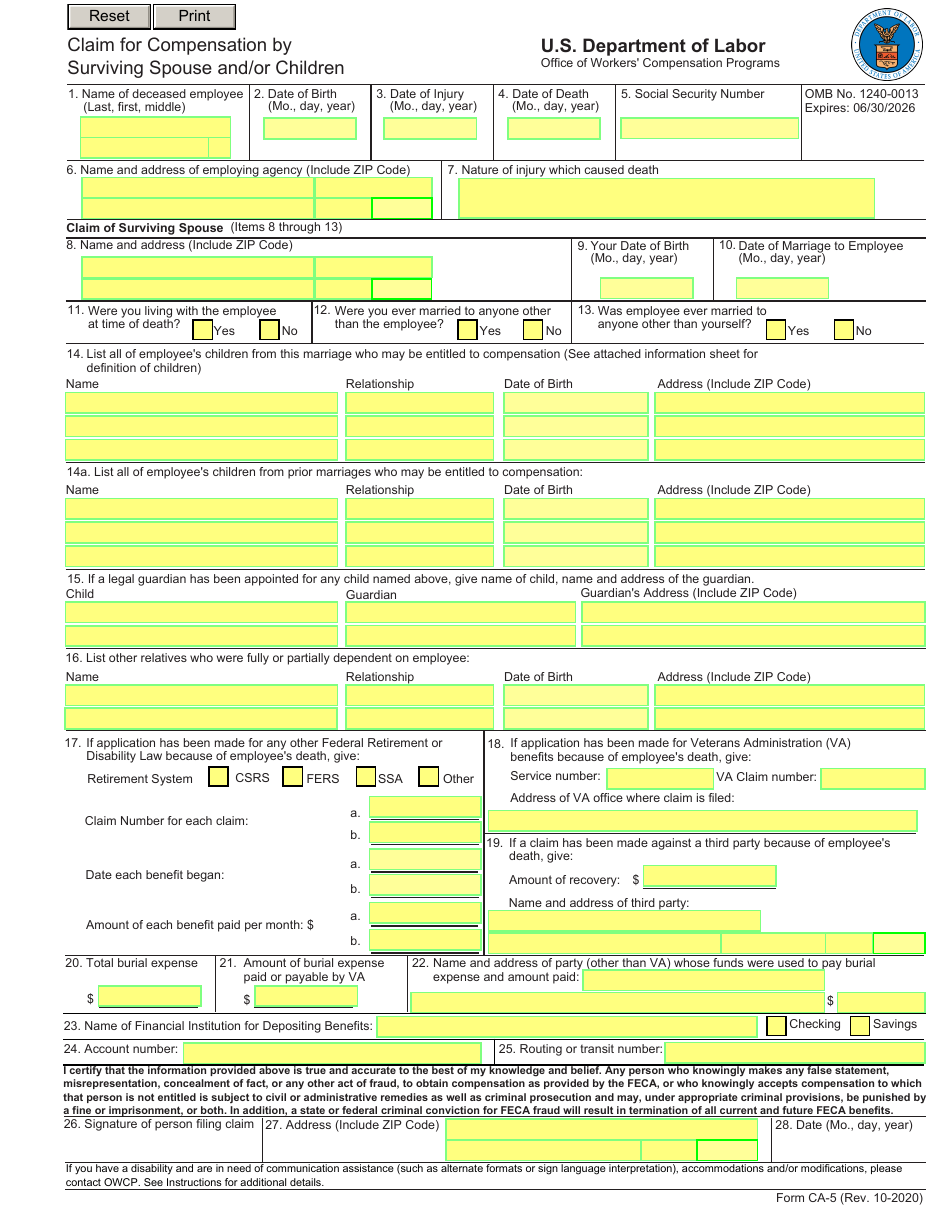 Form CA-5 Claim for Compensation by Surviving Spouse and / or Children, Page 1