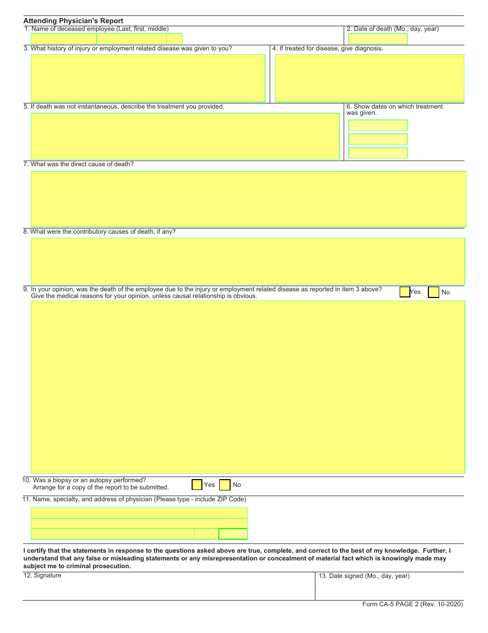 Form CA-5 Claim for Compensation by Surviving Spouse and / or Children, Page 2