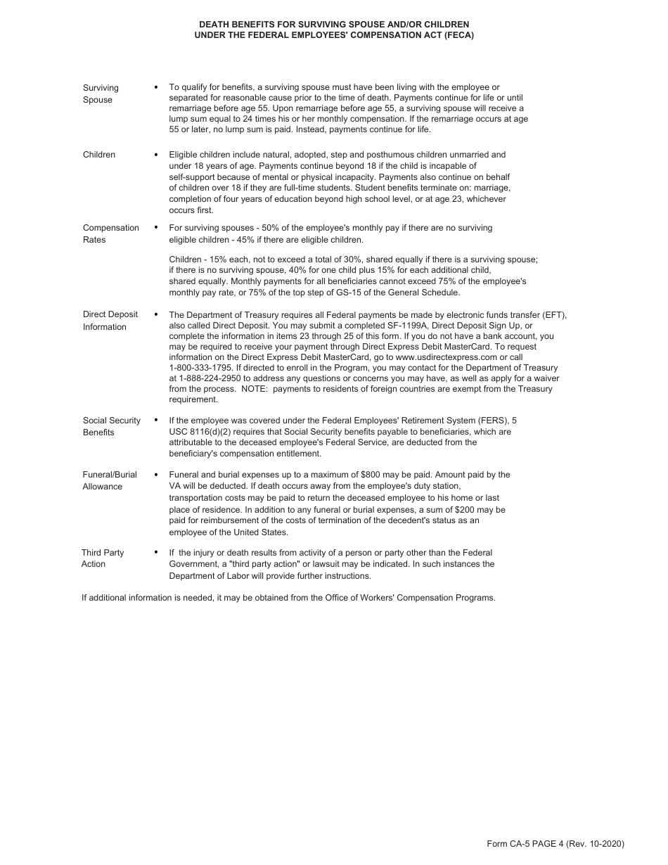 Form CA-5 Claim for Compensation by Surviving Spouse and / or Children, Page 4