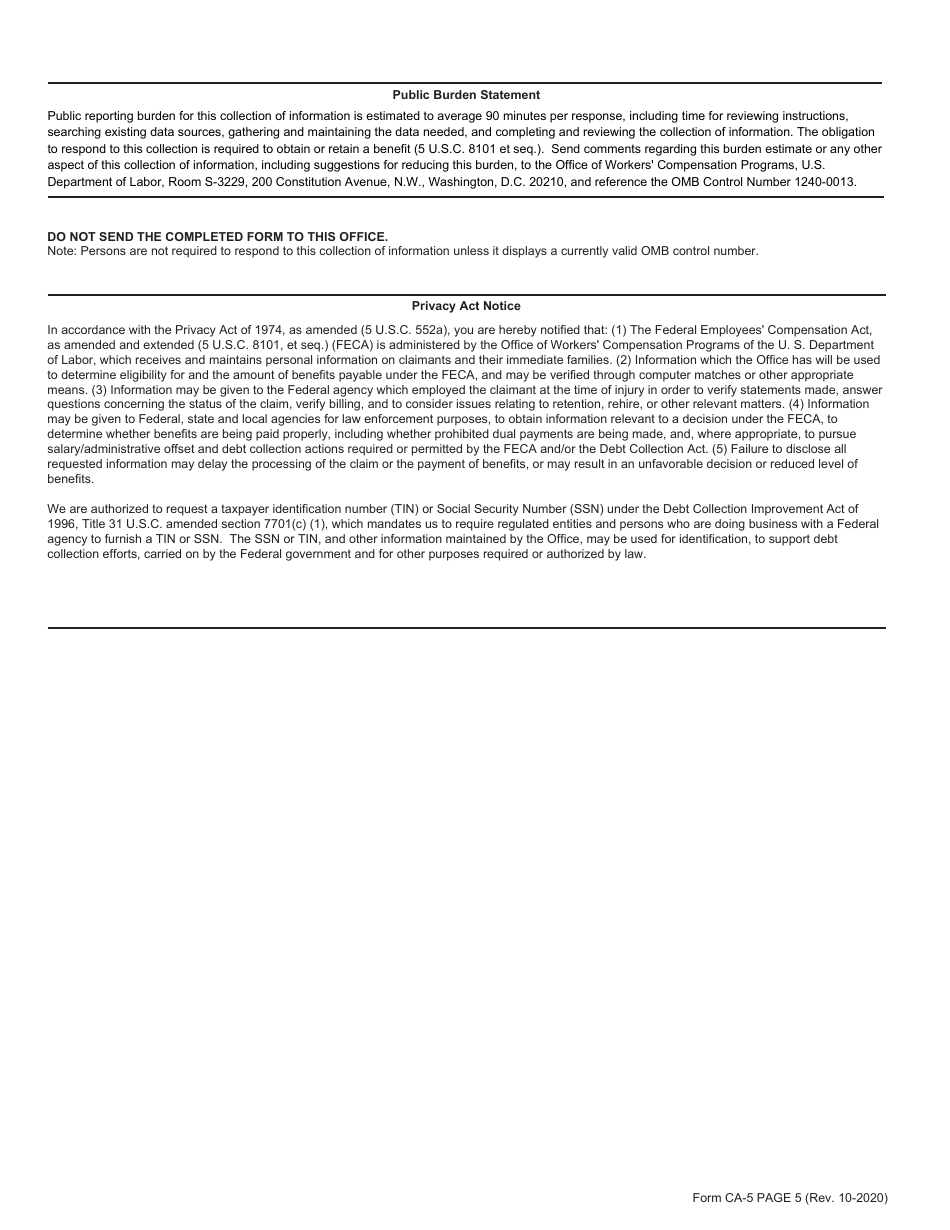 Form CA-5 Claim for Compensation by Surviving Spouse and / or Children, Page 5