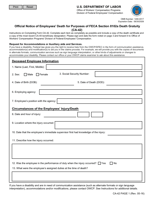 Form CA-42 Official Notice of Employees' Death for Purposes of Feca Section 8102a Death Gratuit