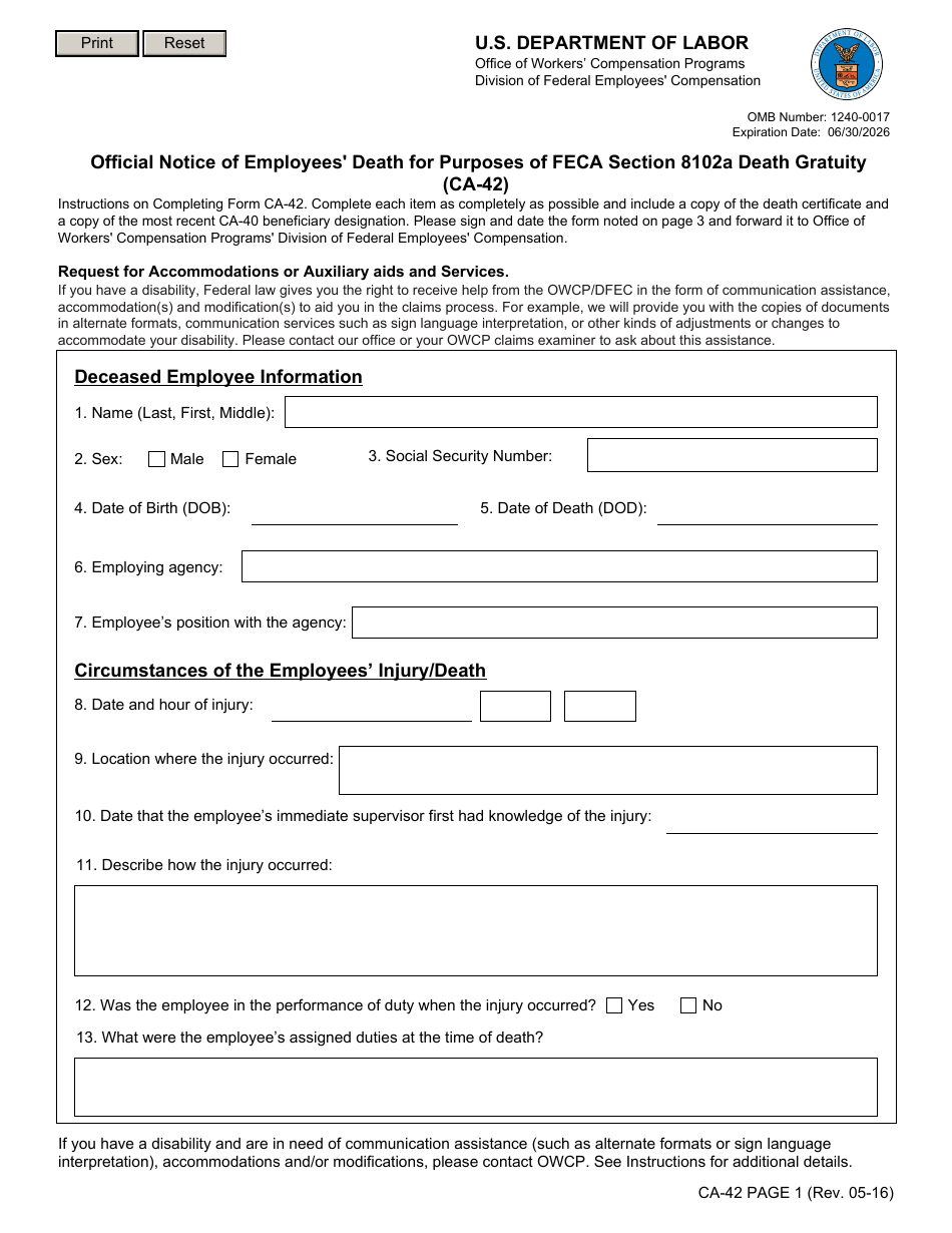 Form CA-42 Official Notice of Employees Death for Purposes of Feca Section 8102a Death Gratuit, Page 1