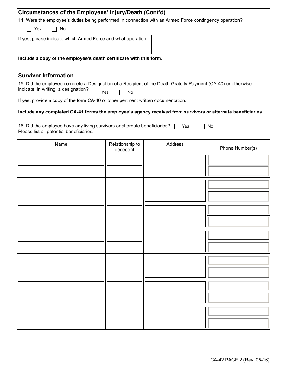 Form CA-42 Official Notice of Employees Death for Purposes of Feca Section 8102a Death Gratuit, Page 2