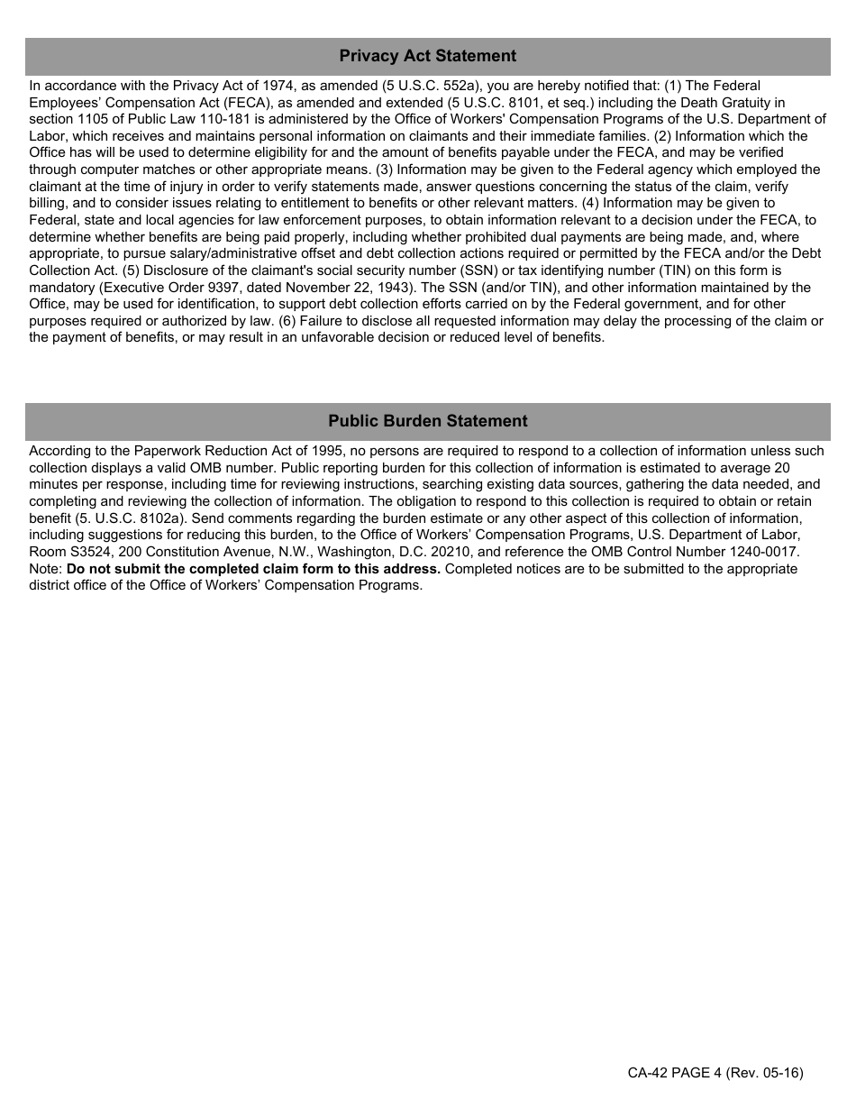 Form CA-42 Official Notice of Employees Death for Purposes of Feca Section 8102a Death Gratuit, Page 4