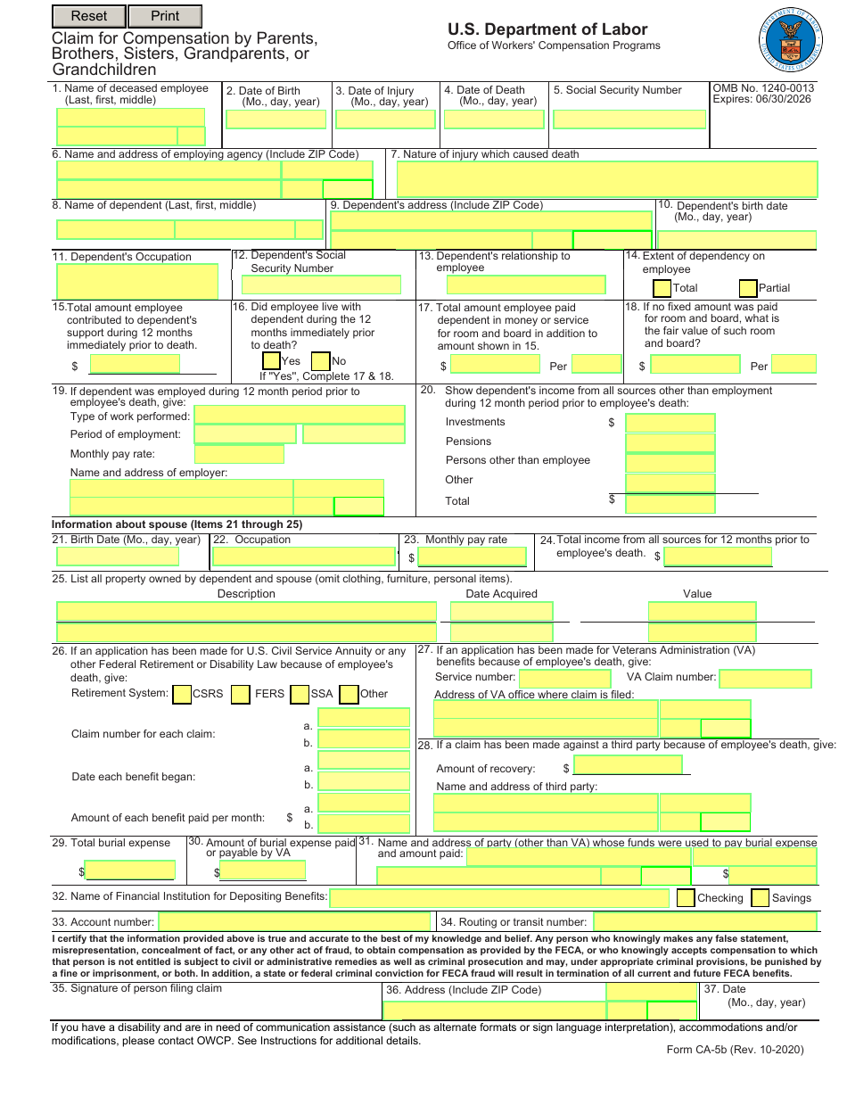 Form CA-5B Claim for Compensation by Parents, Brothers, Sisters, Grandparents, or Grandchildren, Page 1