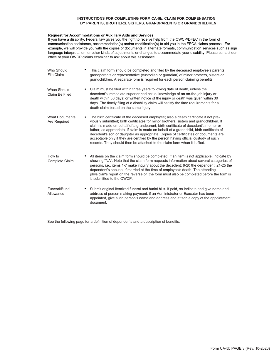 Form CA-5B Claim for Compensation by Parents, Brothers, Sisters, Grandparents, or Grandchildren, Page 3