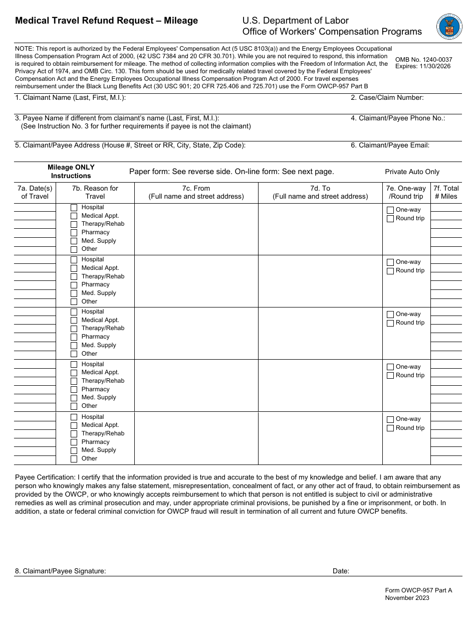 Form OWCP-957 Part A Medical Travel Refund Request - Mileage, Page 1