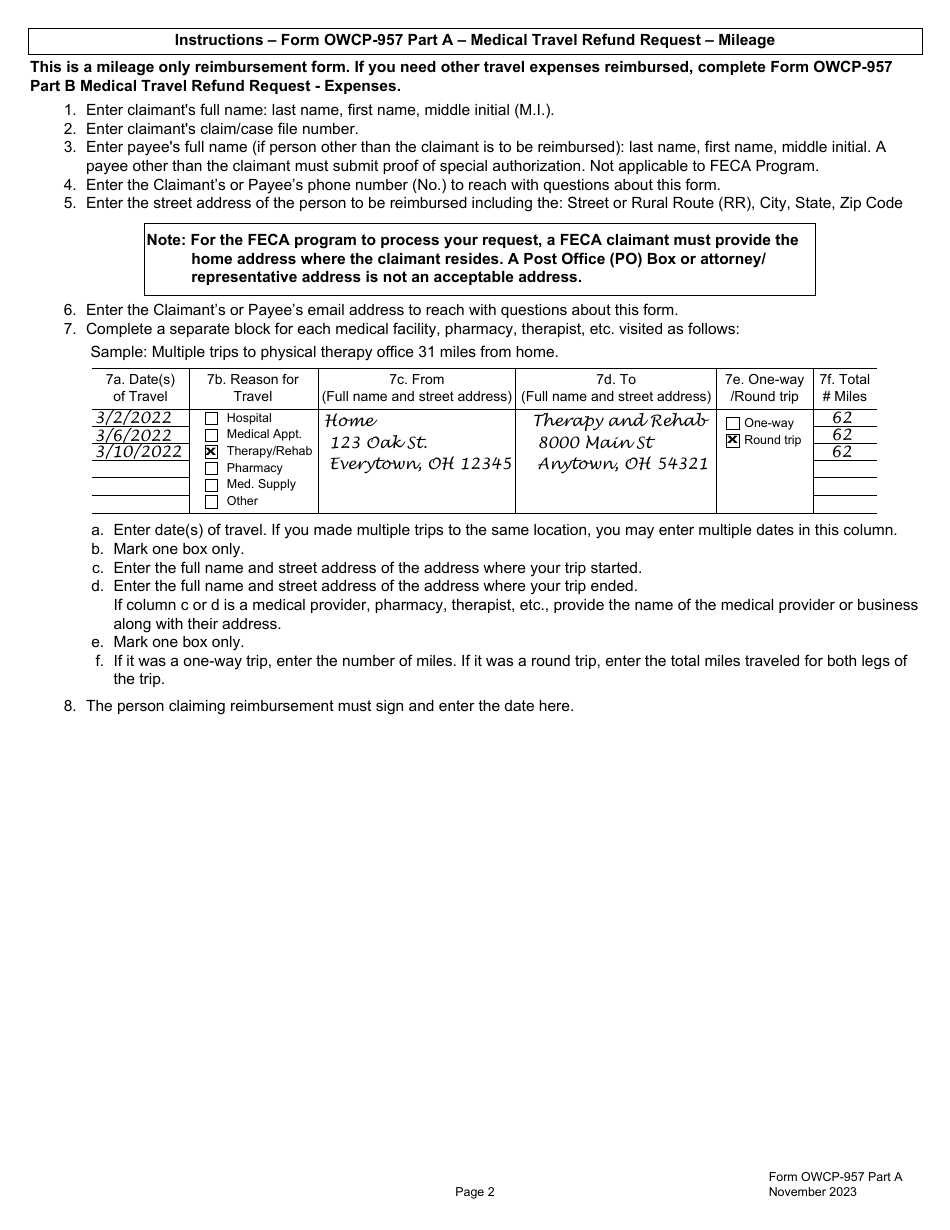 Form OWCP-957 Part A Medical Travel Refund Request - Mileage, Page 2