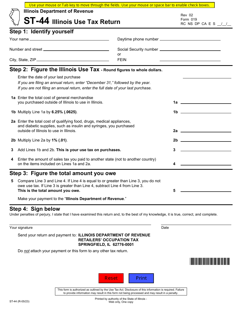 Form ST-44 (019) Illinois Use Tax Return - Illinois, Page 1