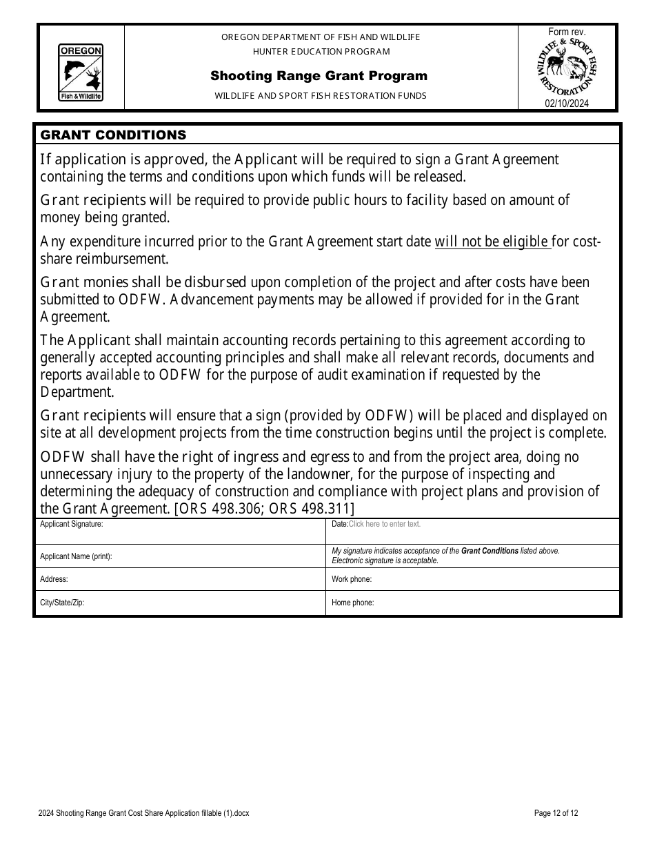 Shooting Range Grant Cost Share Application - Oregon, Page 12