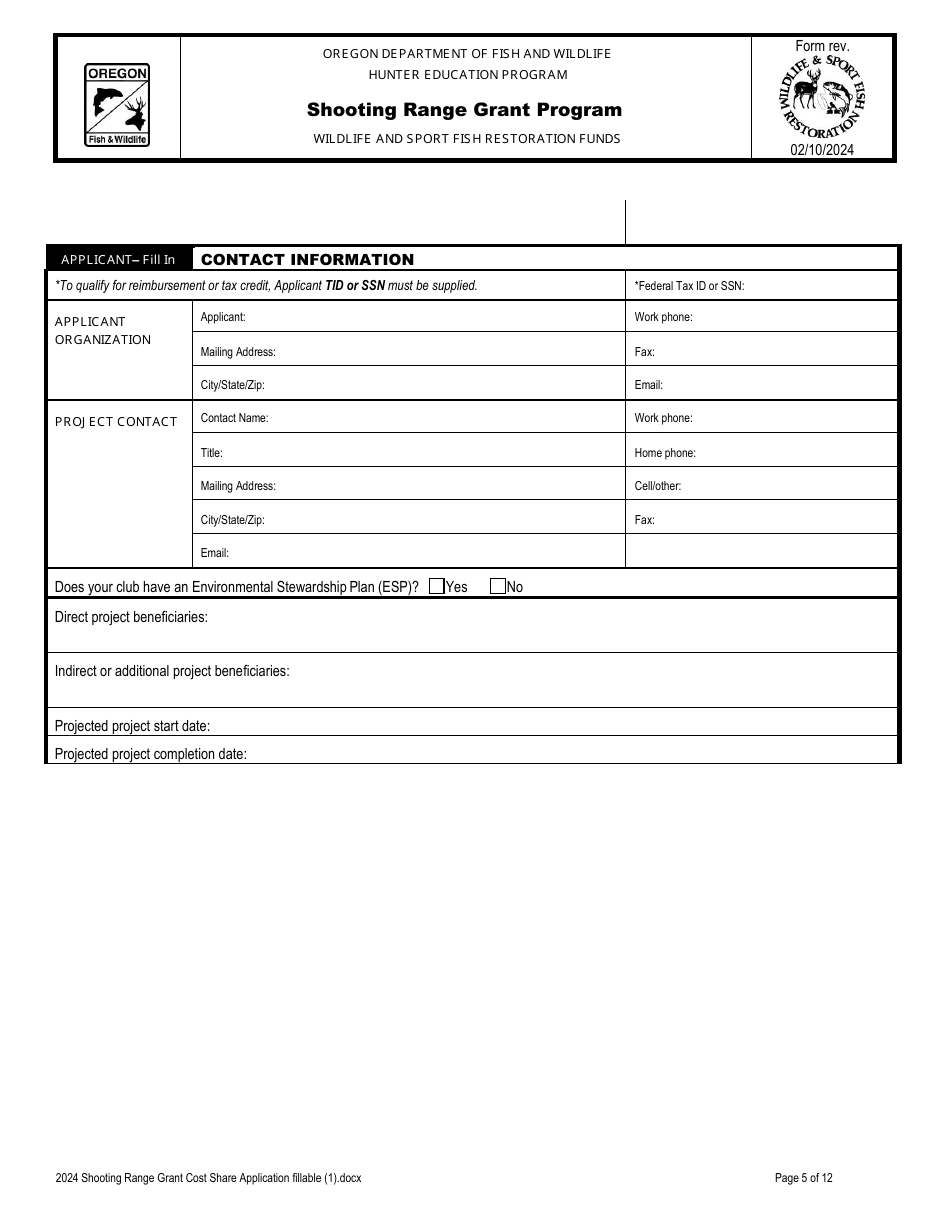Shooting Range Grant Cost Share Application - Oregon, Page 5