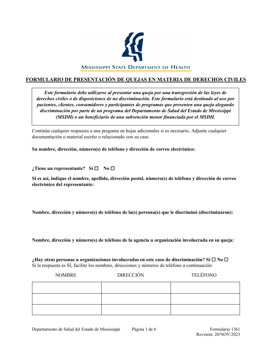 Formulario 1361 Formulario De Presentacion De Quejas En Materia De Derechos Civiles - Mississippi (Spanish), Page 1