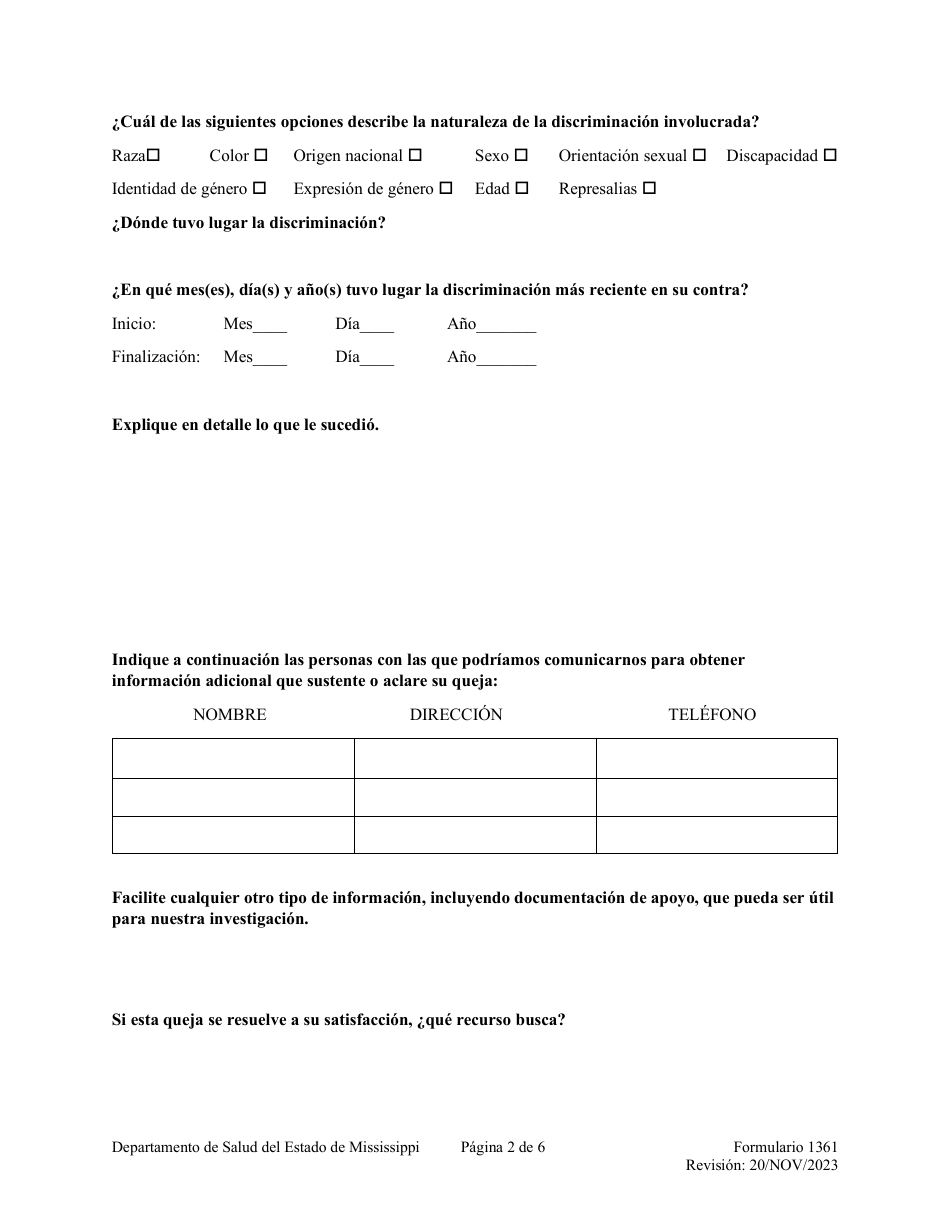 Formulario 1361 Formulario De Presentacion De Quejas En Materia De Derechos Civiles - Mississippi (Spanish), Page 2