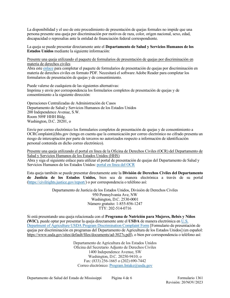 Formulario 1361 Formulario De Presentacion De Quejas En Materia De Derechos Civiles - Mississippi (Spanish), Page 4