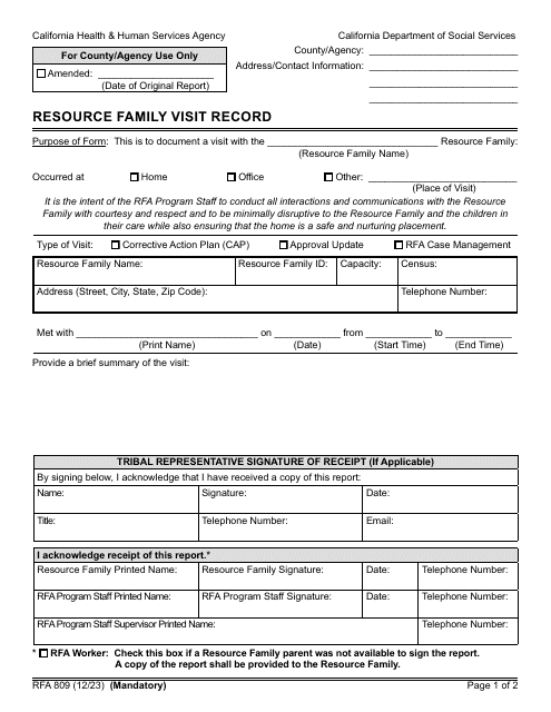 Form RFA809 Resource Family Visit Record - California