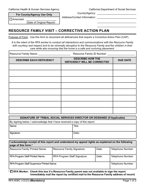 Form RFA809C Resource Family Visit - Corrective Action Plan - California