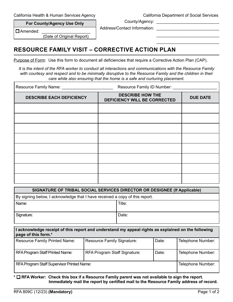 Form RFA809C Resource Family Visit - Corrective Action Plan - California, Page 1