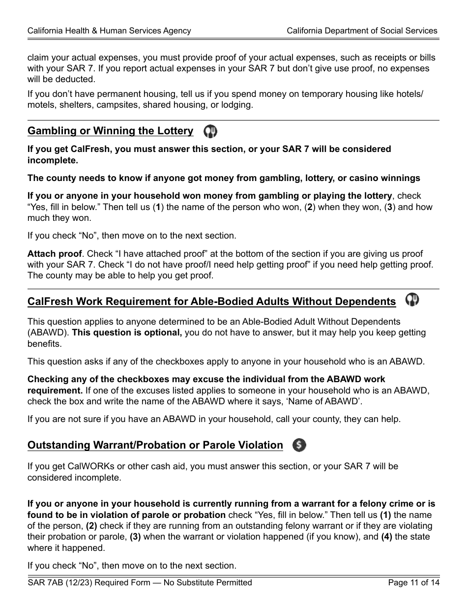 Form SAR7AB Sar 7 Eligibility Status Report Instructions - California, Page 11