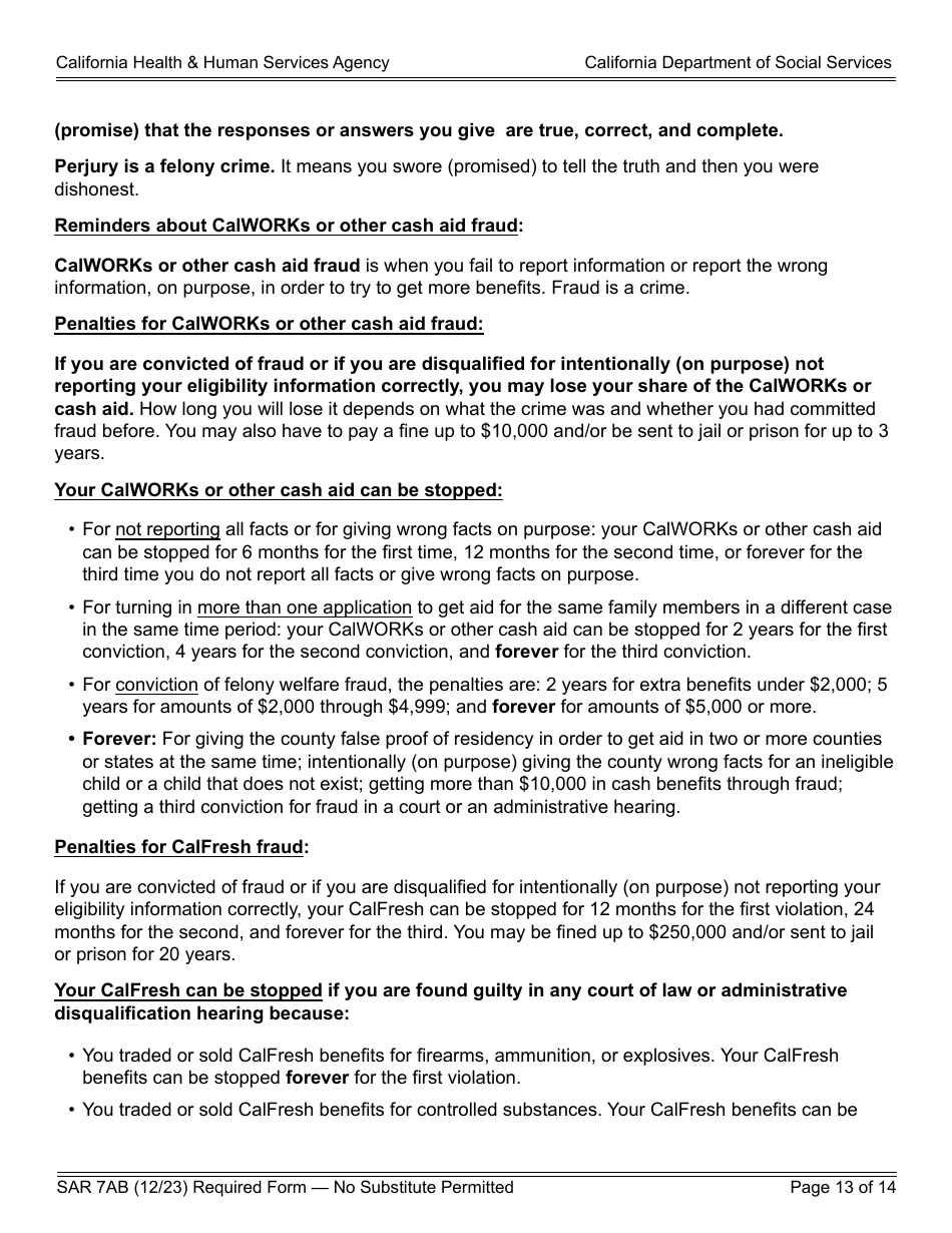 Form SAR7AB Sar 7 Eligibility Status Report Instructions - California, Page 13