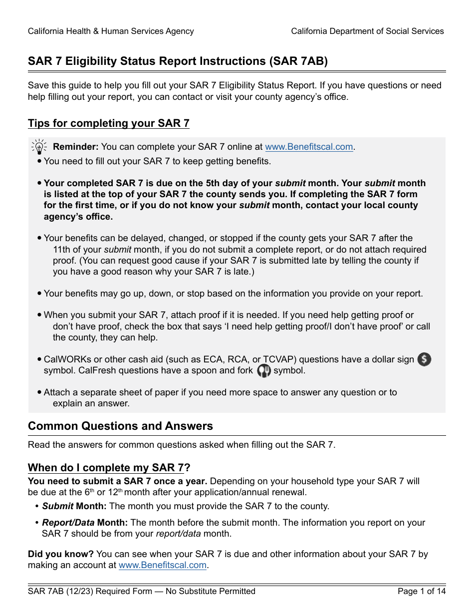Form SAR7AB Sar 7 Eligibility Status Report Instructions - California, Page 1