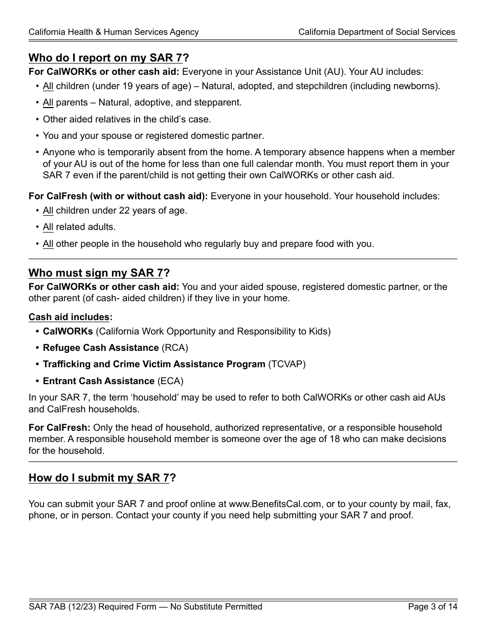 Form SAR7AB Sar 7 Eligibility Status Report Instructions - California, Page 3
