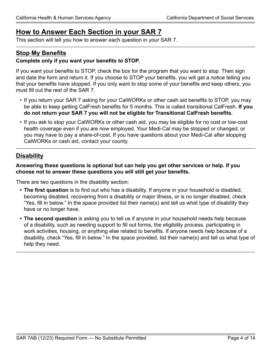 Form SAR7AB Sar 7 Eligibility Status Report Instructions - California, Page 4