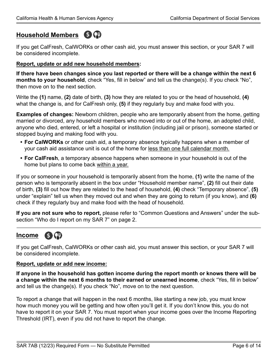 Form SAR7AB Sar 7 Eligibility Status Report Instructions - California, Page 6